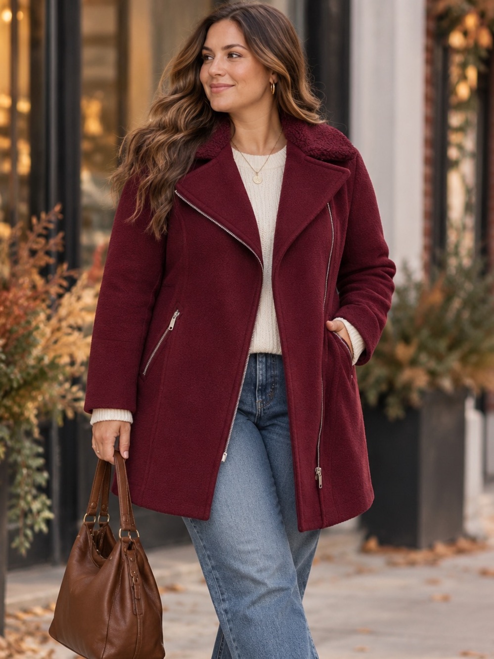 Old Navy Burgundy Moto Jacket Sherpa Collar Longline Coat Wine Red